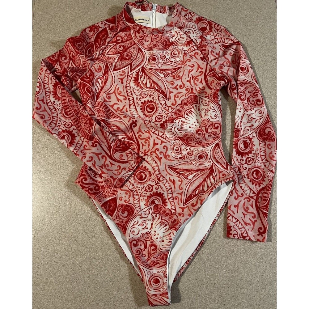 Mara Hoffman Reese One Piece Long Sleeve Rashguard Swimsuit Red Multi NEW Size S